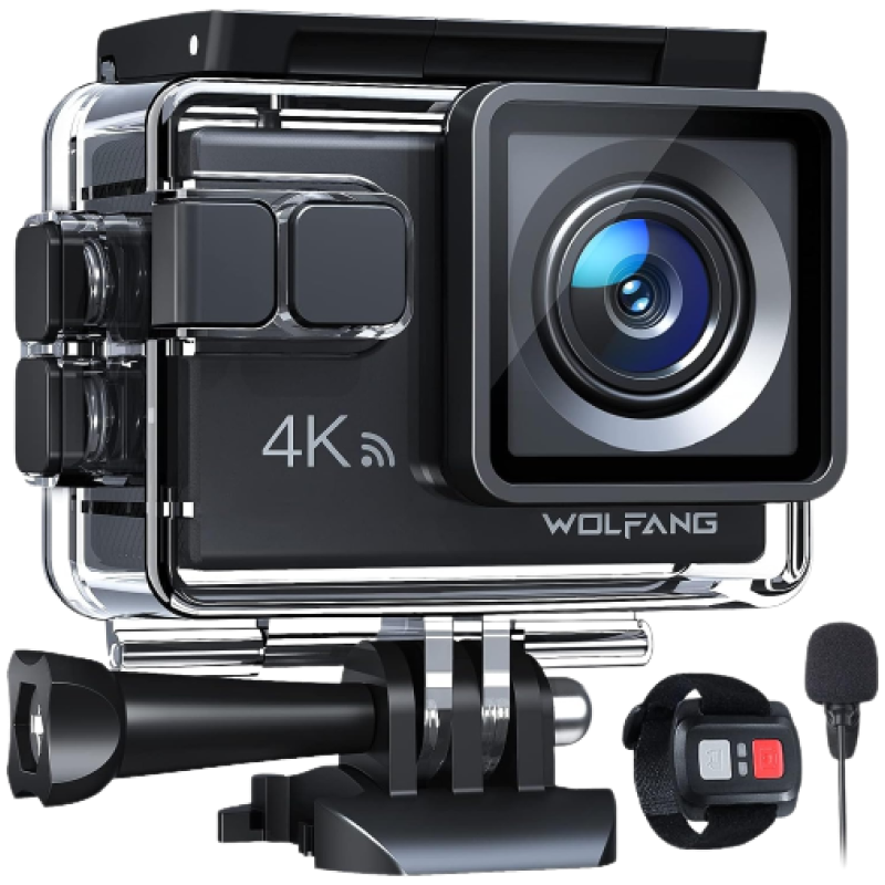 WOLFANG Action Camera 4K 20MP GA100, Waterproof 40M Underwater Camera for Snorkeling, EIS Stabilization WiFi 170° Wide Angle Helmet Camera for Vlogging with External Microphone, Remote Control